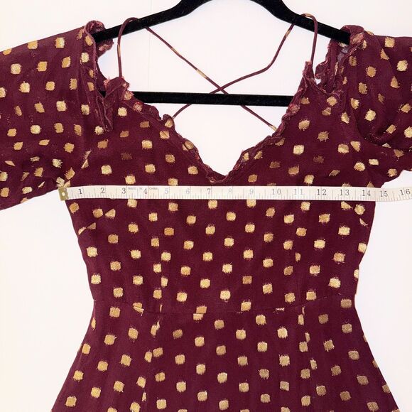 Topshop A Line Off the Shoulder Mini Dress Burgundy w Gold Metallic Polka Dots 4 - Picture 10 of 15
